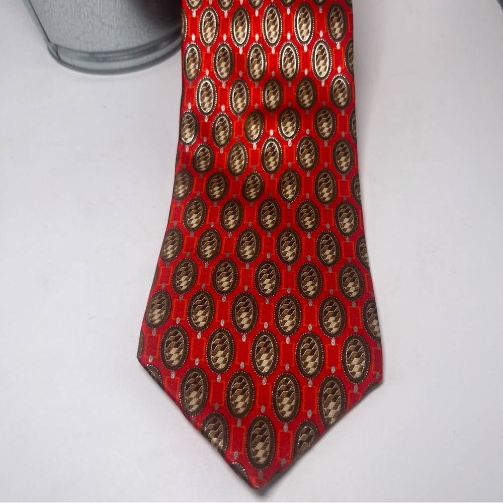 Ermenegildo Zegna Men’s‎ Silk Neck Tie Red with Brown & Tan Checkered Ovals Luxe